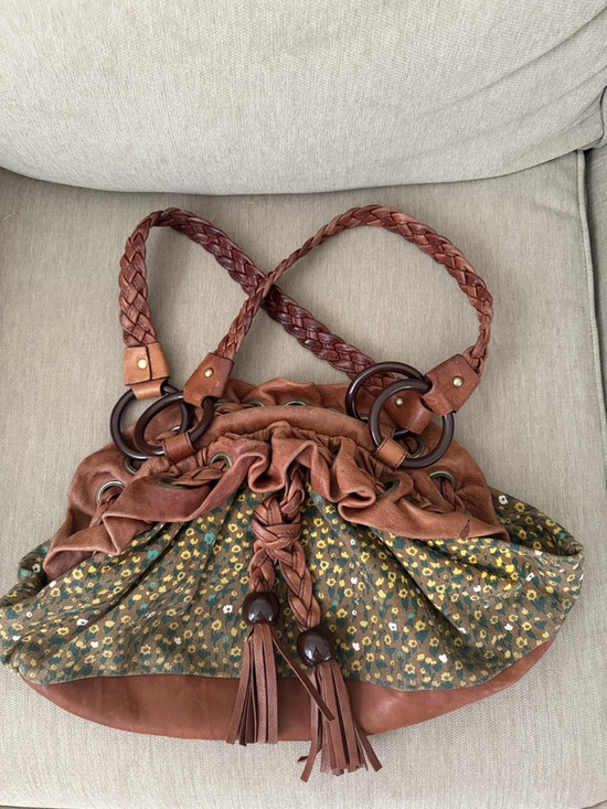 Betsey Johnson Handbags - Betsey Johnson Brown Floral Drawstring Shoulder Bag with Braided Handles